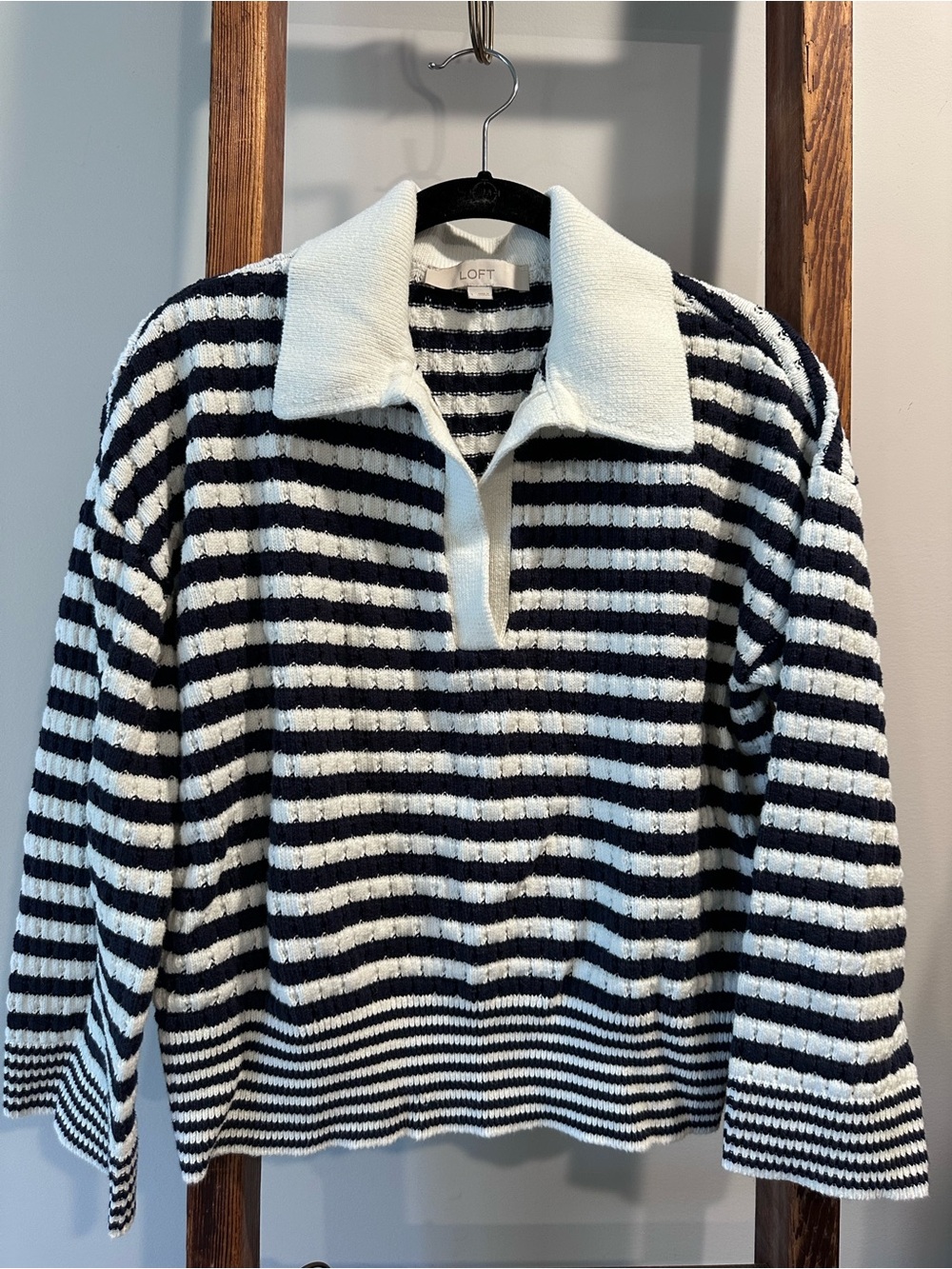 LOFT women’s Navy and White Striped V‑Neck Collared Sweater